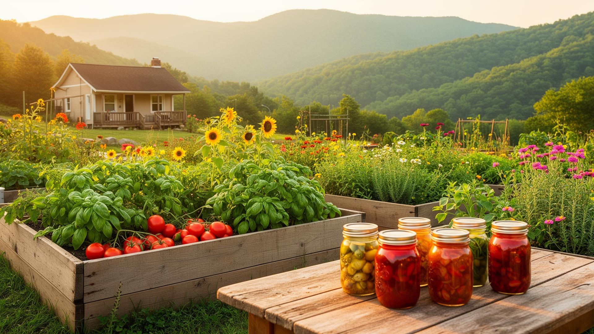 Firefly Ridge Homestead garden at golden hour with mason jars of preserved food and West Virginia mountains in the background